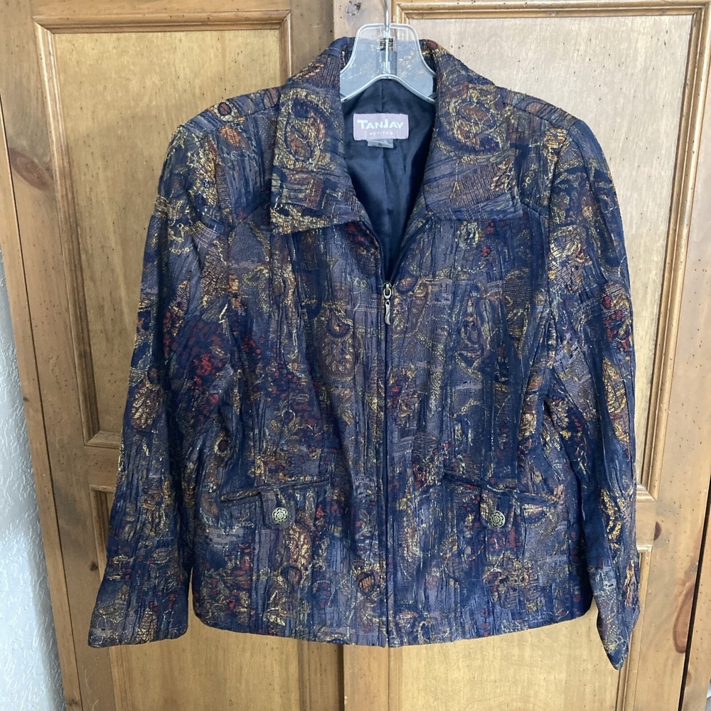 Tan Jay Petites Blazer Textured Metallic Navy Multicolor Jacket Zip 8P  TanJay